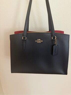 Coach Black Leather Tote with Red Interior Accent never used!